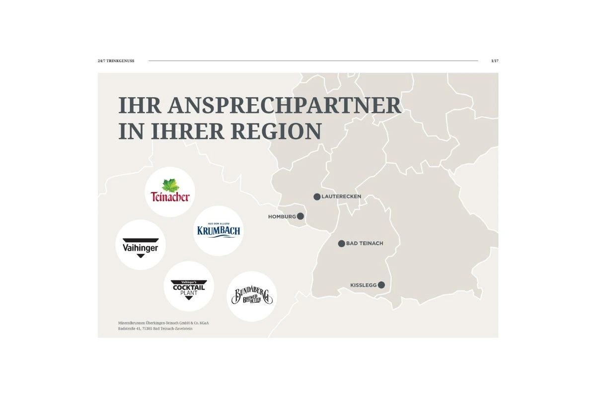 Logos von Teinacher, Krumbach, Vaihinger, Cocktail Plant und Bundaberg auf einer Deutschlandkarte