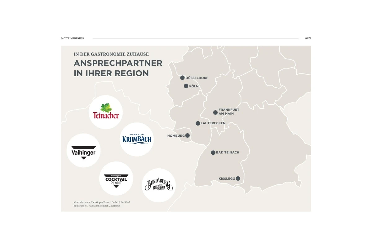 Logos von Teinacher, Krumbach, Vaihinger, Cocktail Plant und Bundaberg auf einer Deutschlandkarte