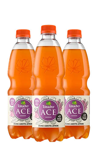 Drei 0,5 Liter PET-Flaschen Teinacher ACE Orange-Karotte-Zitrone 