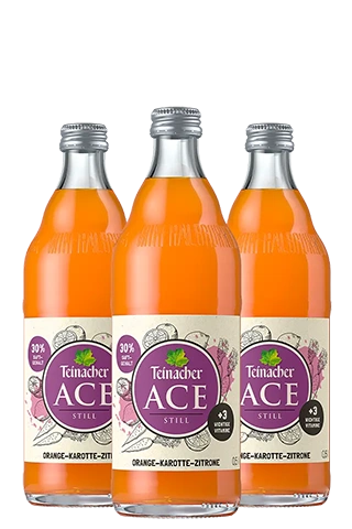 Drei Teinacher ACE Still Orange-Karotte-Zitrone in der 0,5 L Glasflasche