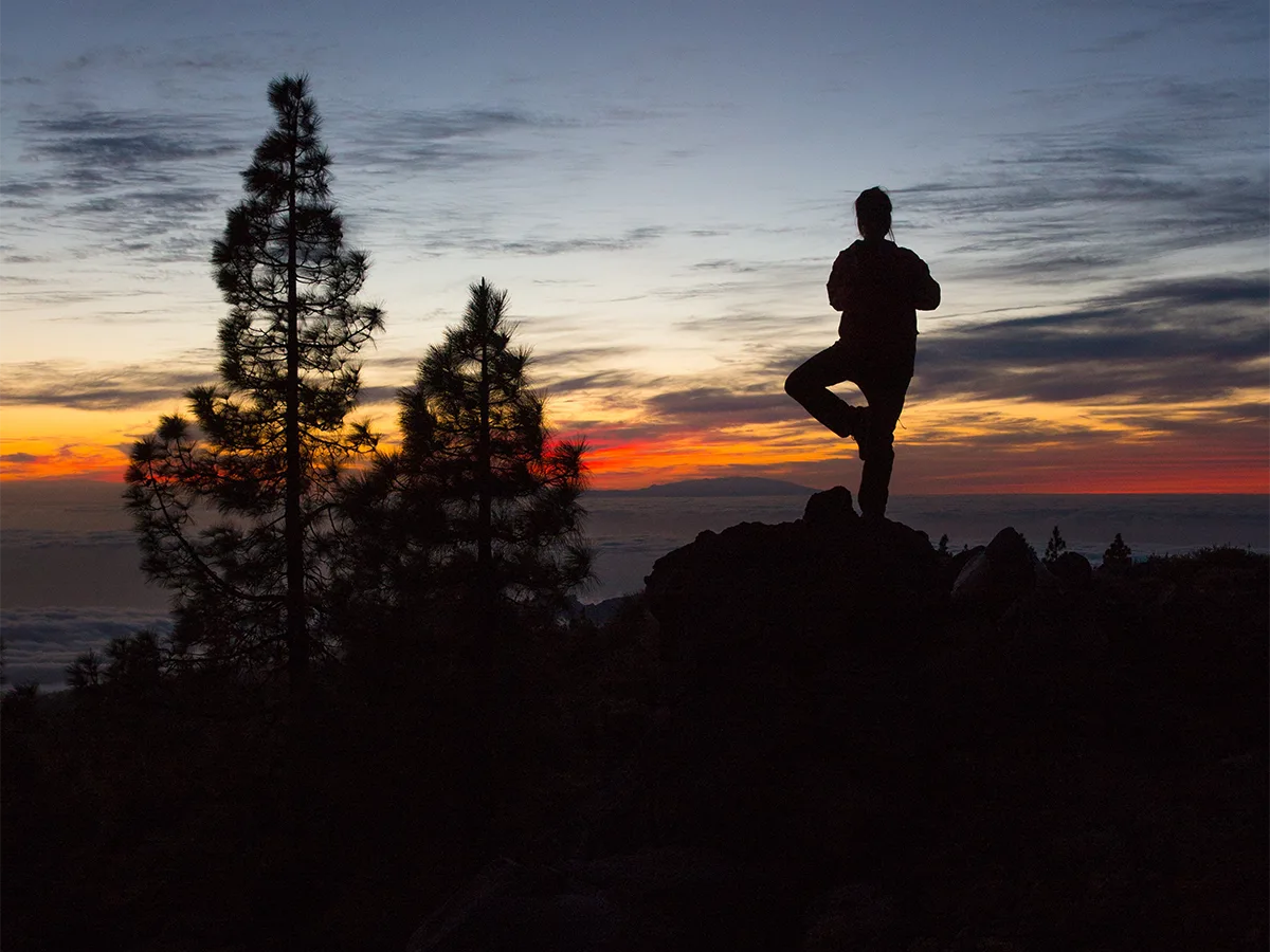 Silhouette einer Person in Yoga-Pose auf einem Felsen bei Sonnenuntergang, umgeben von Bäumen und farbigem Himmel