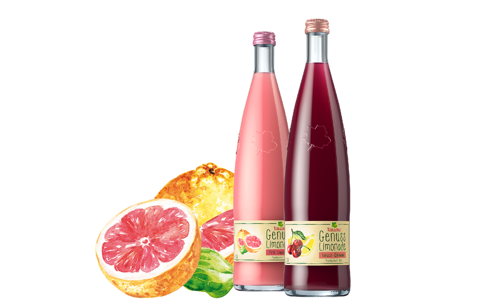 teinacher-blog-mocktail-magie-schritt-01-die-basis-entscheidet-alles Zwei Flaschen Teinacher Genuss-Limonade in den Sorten Pink Grapefruit und Kirsche-Zitrone mit Grapefruit-Illustration.