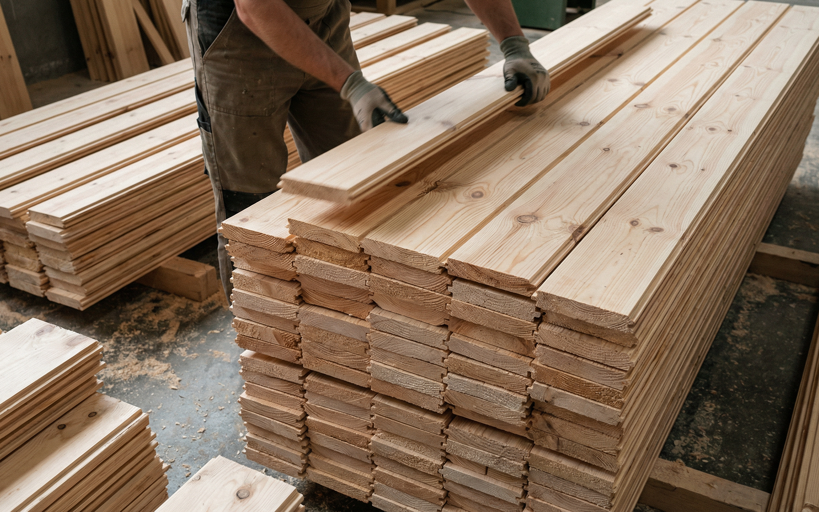 Mitarbeiter stapelt bearbeitete Holzbretter in einer Schreinerei für den Bau eines Messestands