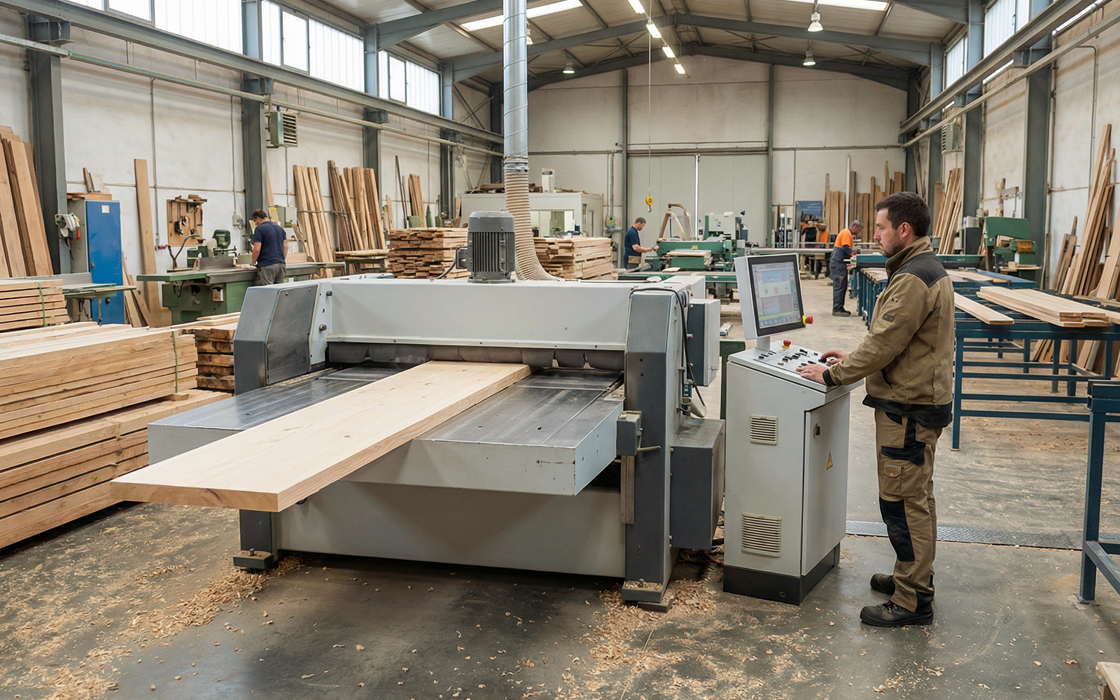 Mitarbeiter bedient Holzbearbeitungsmaschine in einer Schreinerei zur Fertigung von Messestand-Elementen