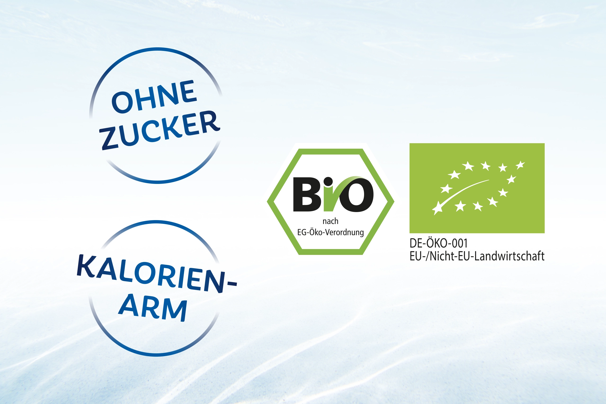 Icons zu Teinacher Wasser+ mit Hinweisen ohne Zucker, kalorienarm sowie Bio-Zertifizierung nach EU-Öko-Verordnung