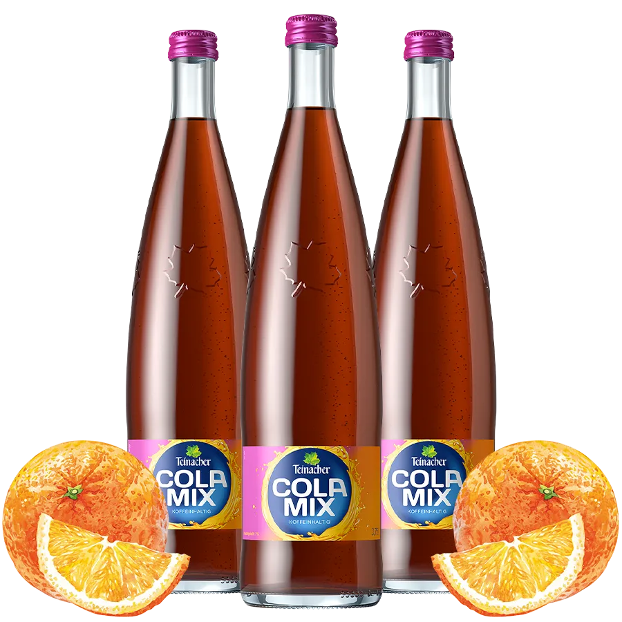 Drei Teinacher Cola-Mix Genussflaschen 0,75 L mit frischen Orangen