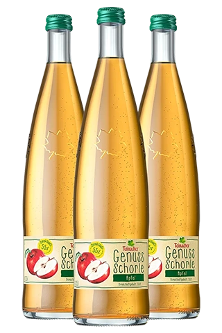 Drei Teinacher Genuss-Schorlen Apfel in der 0,75 L Glas Genussflasche