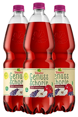Drei 1 Liter PET-Flaschen Teinacher Genuss-Schorle Apfel-Johannisbeere