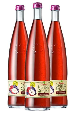 Drei Glasflaschen Teinacher Genuss Schorle Apfel-Johannisbeere in der 0,75 L Genussflasche mit 55 % Direktsaftgehalt.