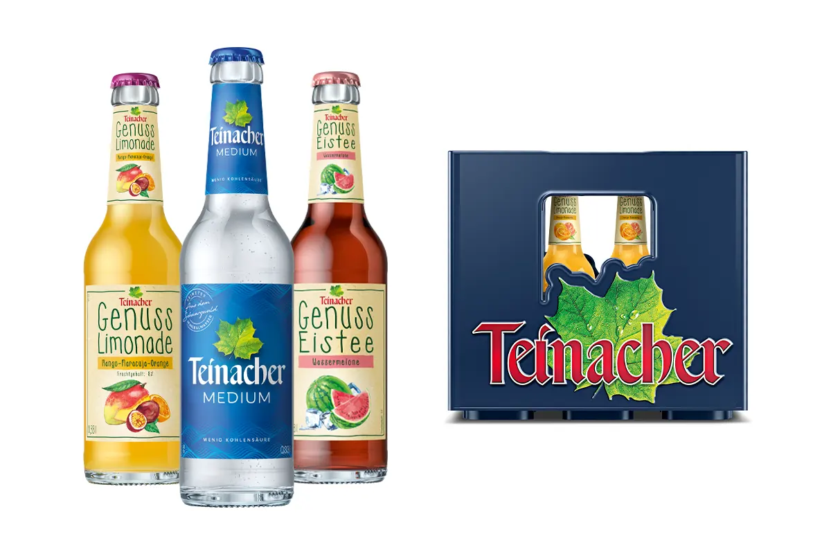 Genuss-Limonade Mango-Maracuja-Orange, Mineralwasser Medium, Genuss-Eistee Wassermelone und Getränkekiste