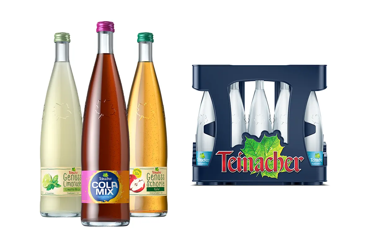 Genuss-Limonade Limette-Minze, Cola-Mix, Apfel-Genussschorle sowie Mineralwasser im praktischen Kasten