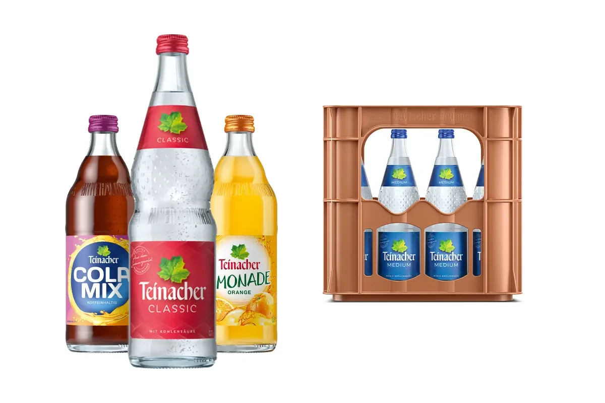 teinacher-downloads-gdb-gebinde Teinacher Getränkeflaschen und Kasten mit Mineralwasser, Limonade und Cola-Mix auf weißem Hintergrund
