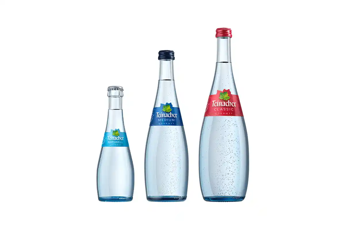 Teinacher Gourmet-Mineralwasser: Naturell (0,25 L), Medium (0,50 L) und Classic (0,75 L) in Gourmet Glasflaschen