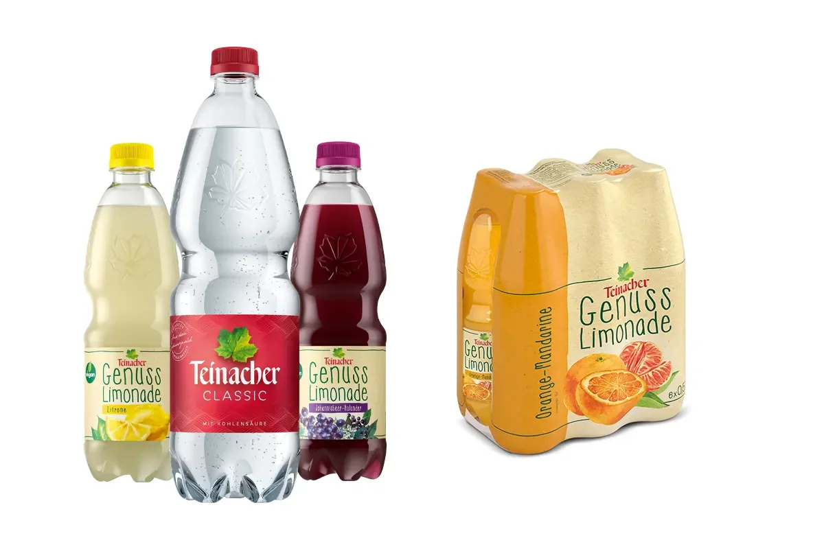 teinacher-downloads-pet-einweg-gebinde Teinacher PET-Flaschen mit Mineralwasser und Genuss-Limonade neben einem 6er-Multipack Orange-Mandarine