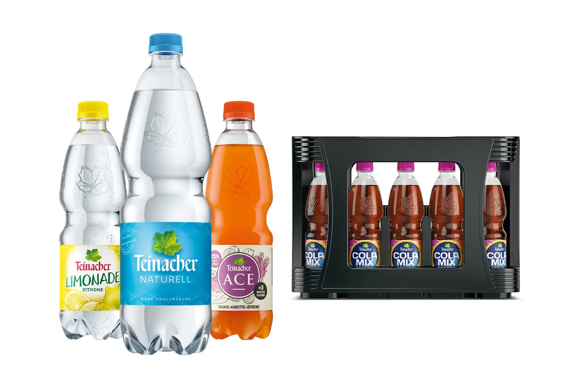 Zitronenlimonade, Naturell-Mineralwasser, ACE-Getränk und Cola-Mix im praktischen schwarzen Getränkekasten