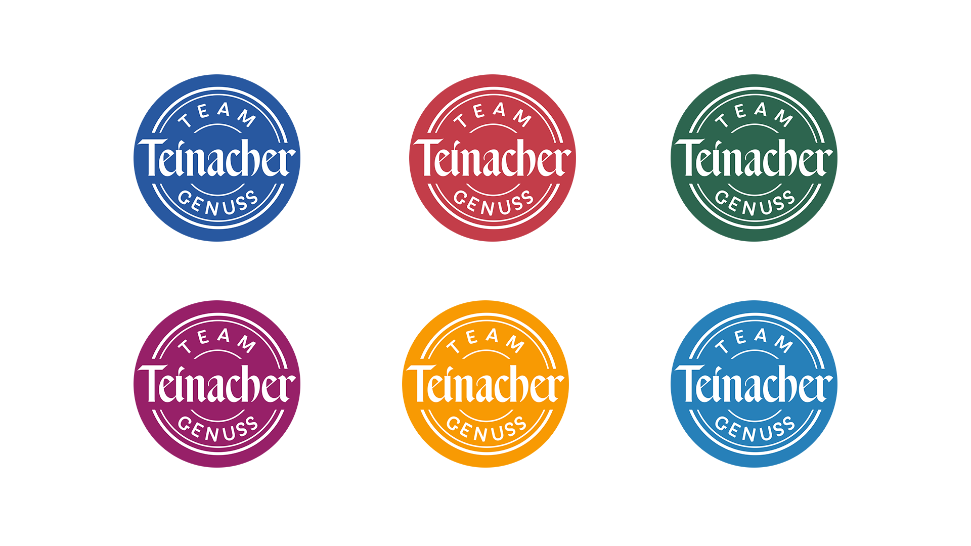 Sechs runde „Team Teinacher Genuss“ Logos in verschiedenen Farben auf hellem Hintergrund