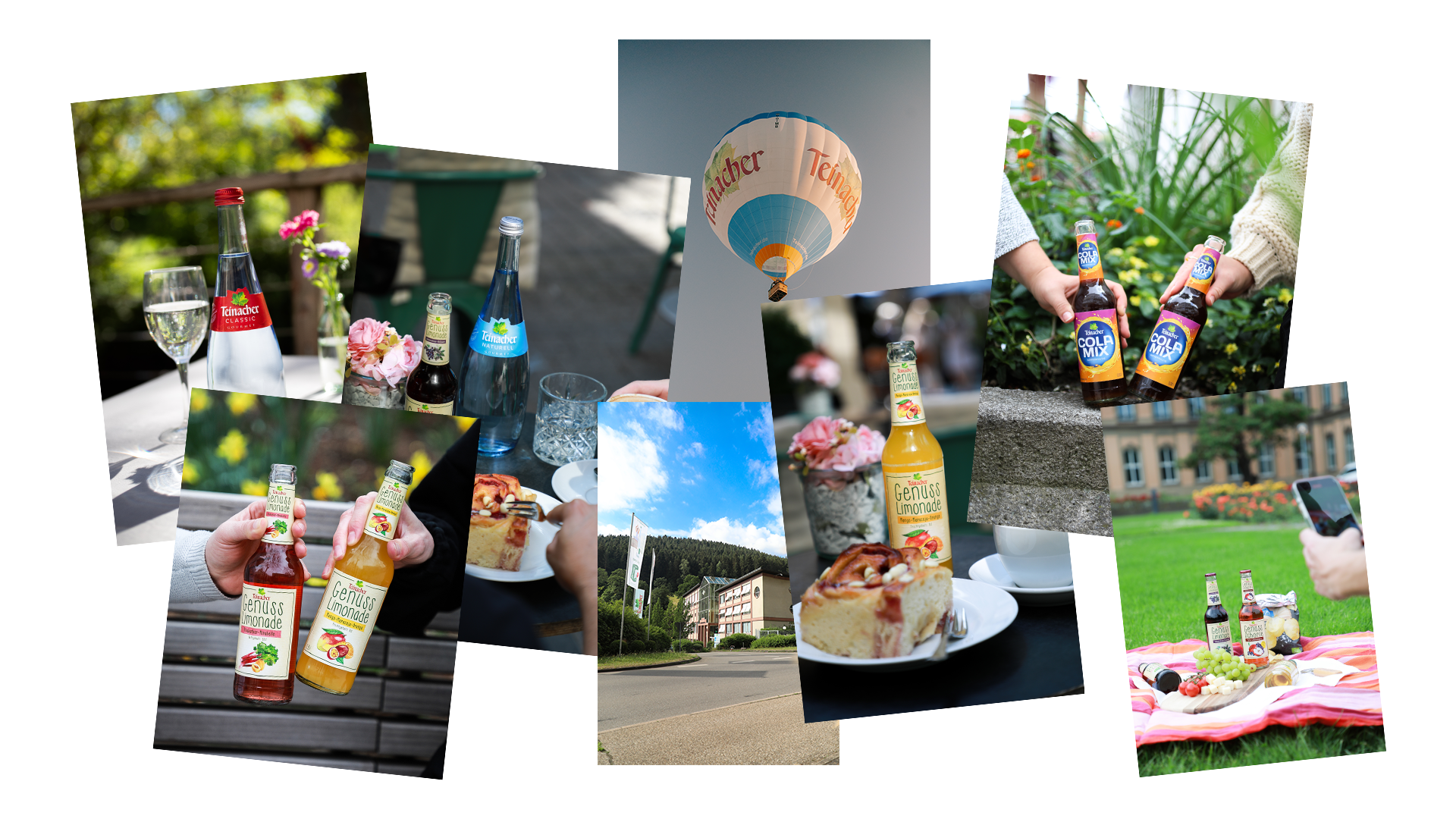 Übersicht verschiedener Teinacher Motive mit Flaschen, Genussmomenten und Outdoor-Szenen