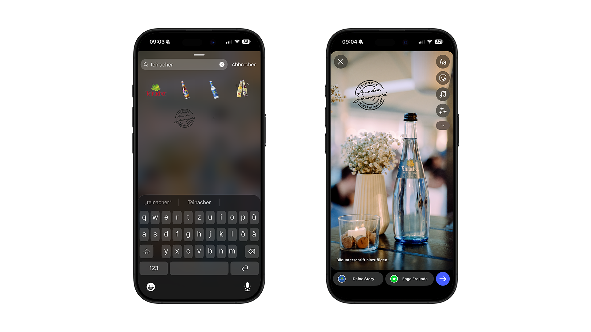 Smartphone-Ansicht mit Anleitung zur Nutzung von Teinacher Stickern in Instagram Stories