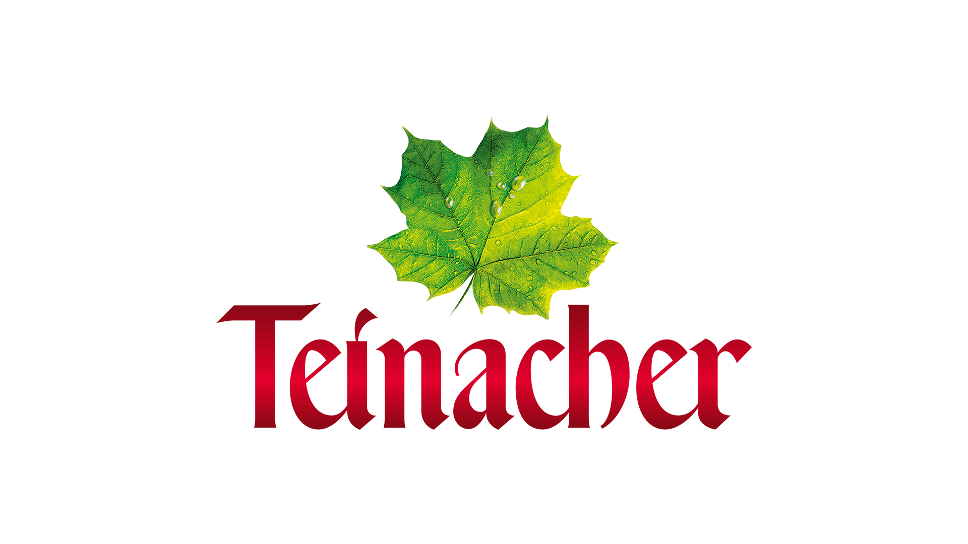 Teinacher Logo mit roter Schrift und grünem Ahornblatt auf hellem Hintergrund