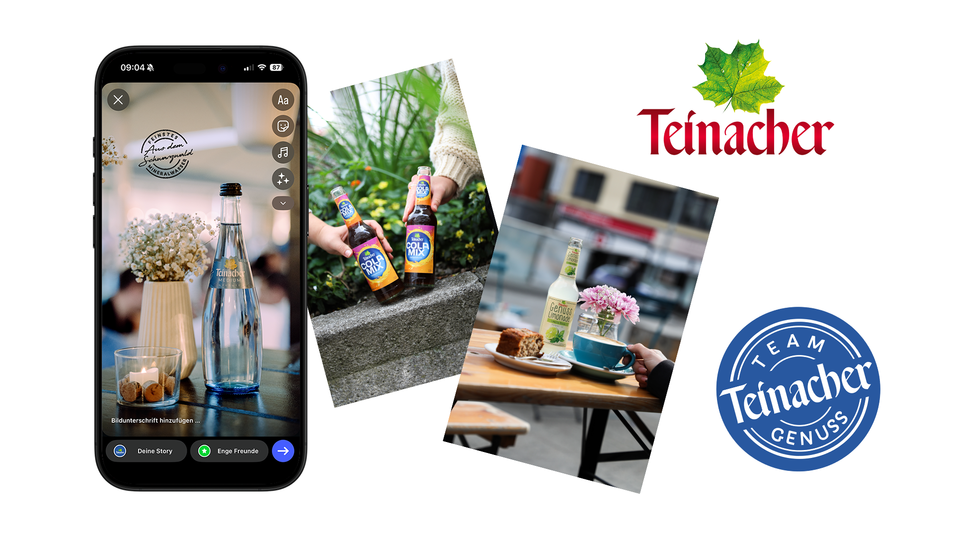 Übersicht mit Teinacher Social Media Motiven, Logos und Story-Beispiel auf Smartphone