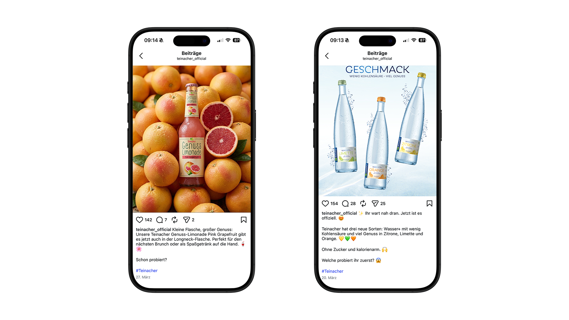 Smartphone-Ansichten mit Teinacher Social Media Posts und Caption-Beispielen