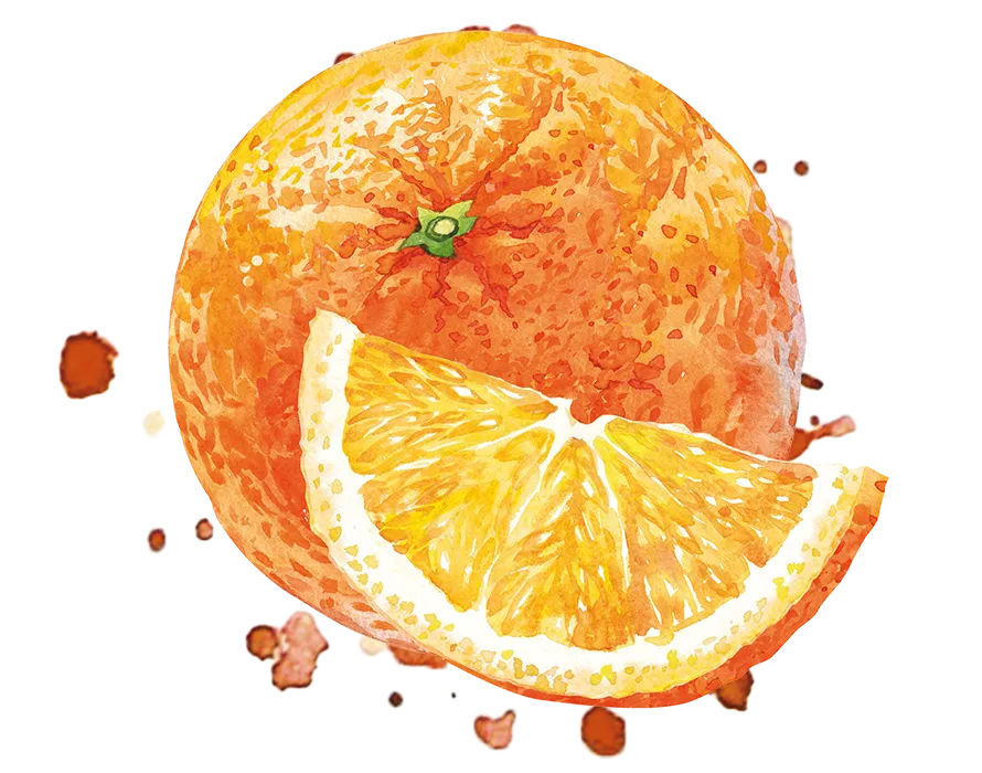 Eine ganze Orange und eine aufgeschnittene Orange als Inhalt von Teinacher Cola-Mix