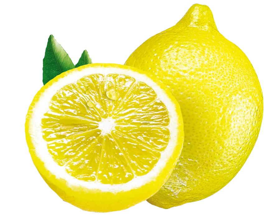 Teinacher Limo Light Zitrone: Zwei Zitronen mit einem Blatt im Hintergrund