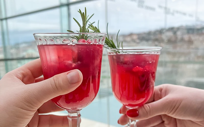 teinacher-genuss-limonade-apfel-himbeere-mocktail-glaeser-anstossen Zwei Gläser Mocktail Zitrone Fizz mit Teinacher Genuss Limonade Zitrone von oben