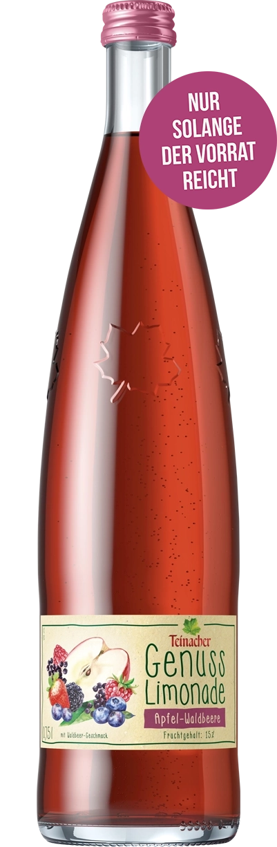 Teinacher Genusslimonade Apfel-Waldbeere in Glasflasche mit roter Farbe und Fruchtabbildung auf dem Etikett