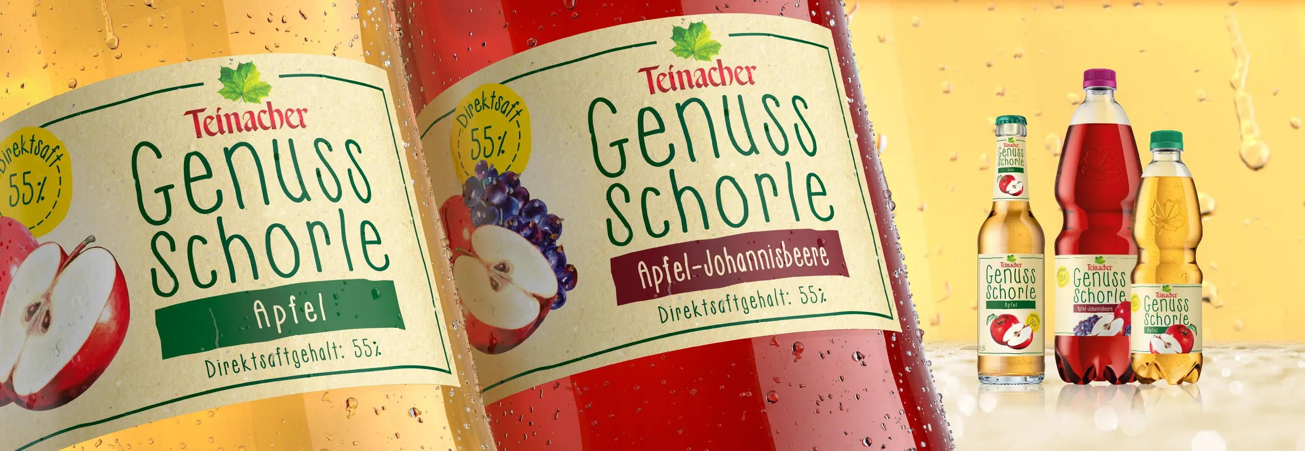 Teinacher Genuss-Schorle Apfel und Apfel-Johannisbeere mit 55 Prozent Direktsaft in Glas- und PET-Flaschen