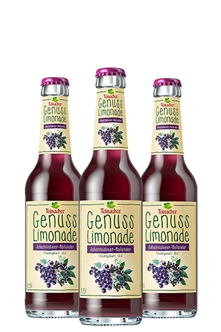 Drei 0,33 Liter Longneckflaschen Teinacher Genuss-Limonade Johannisbeere-Holunder 