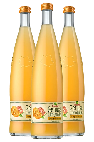 Drei Teinacher Genuss-Limonaden Orange-Mandarine in der 0,75 L Glas Genussflasche