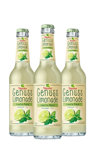 Drei kleine Teinacher Genuss-Limonade Limette-Minze Longneckflaschen mit 0,33L Inhalt