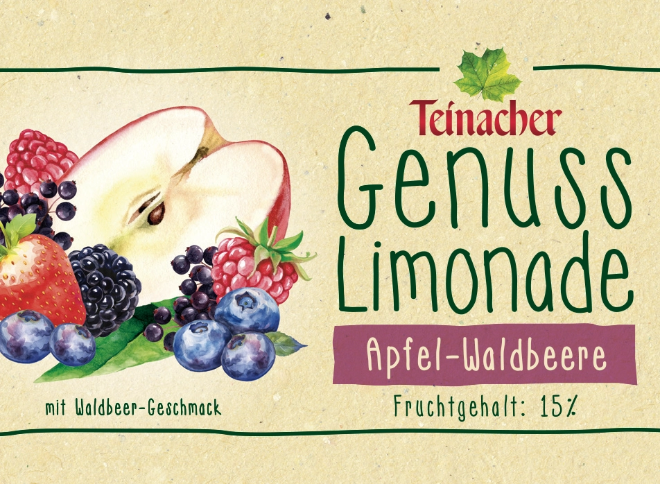 Etikett der Teinacher Genusslimonade Apfel-Waldbeere mit Apfel und Beeren sowie Angabe Fruchtgehalt 15 Prozent