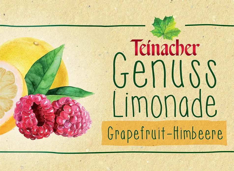 Teinacher Genuss-Limonade Grapefruit-Himbeere mit illustrierten Früchten auf hellem Etikett