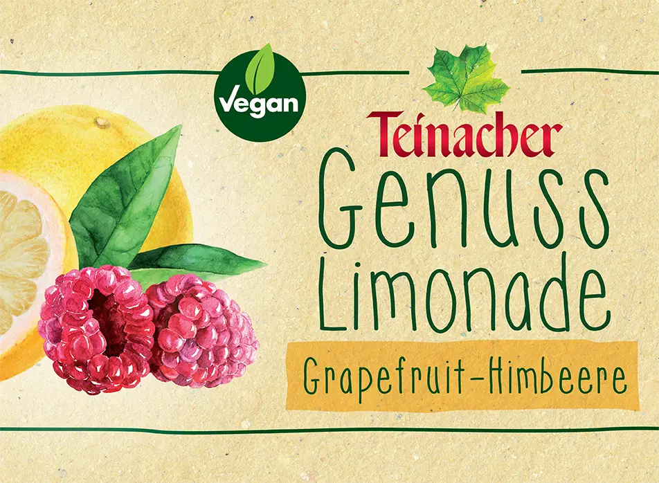 Nahansicht des Teinacher Etiketts der Sorte Genuss-Limonade Grapefruit-Himbeere