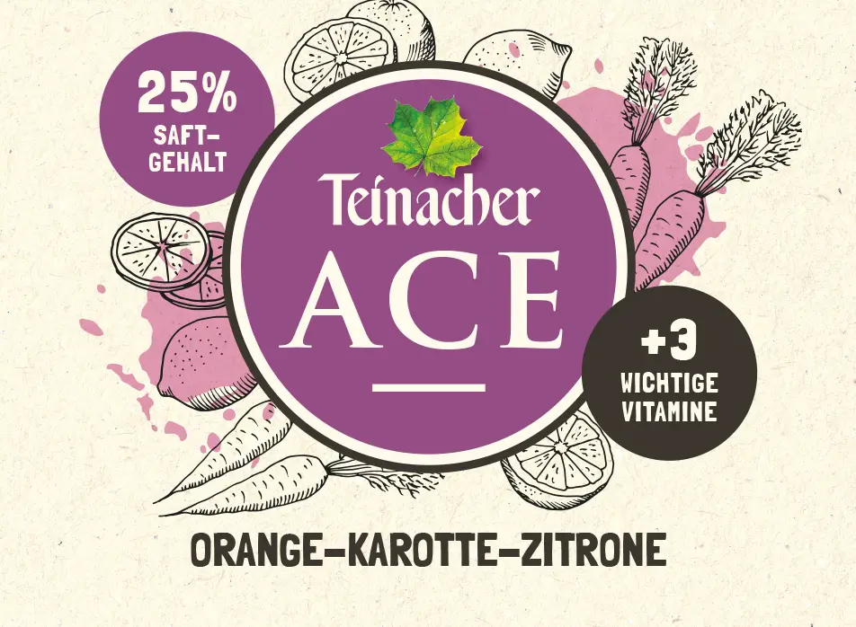 Teinacher ACE Orange Karotte Zitrone mit 25 Prozent Saftgehalt und hellem Hintergrund