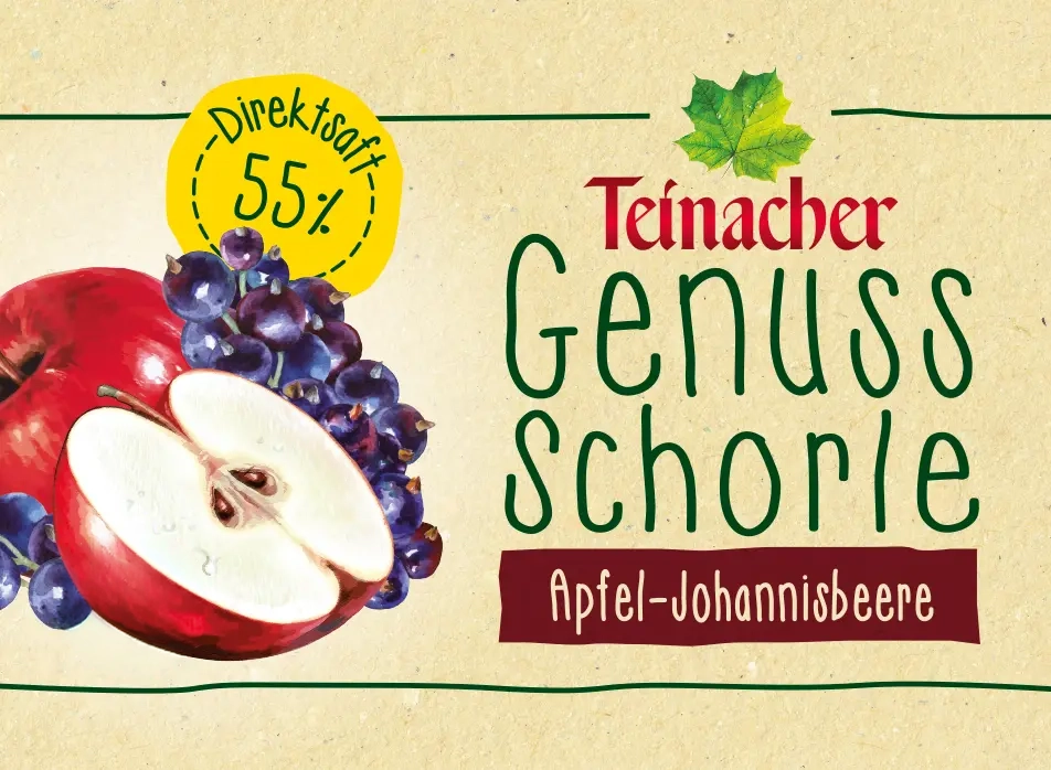 Teinacher Genuss-Schorle Apfel-Johannisbeere mit illustriertem Apfel, Johannisbeeren und 55 Prozent Direktsaft