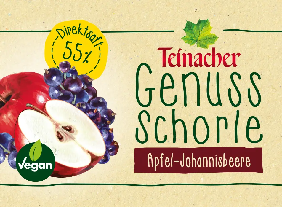 Etikett Teinacher Genuss-Schorle Apfel-Johannisbeere mit roten Äpfeln, Apfelhälfte und dunklen Johannisbeeren auf naturfarbenem Hintergrund