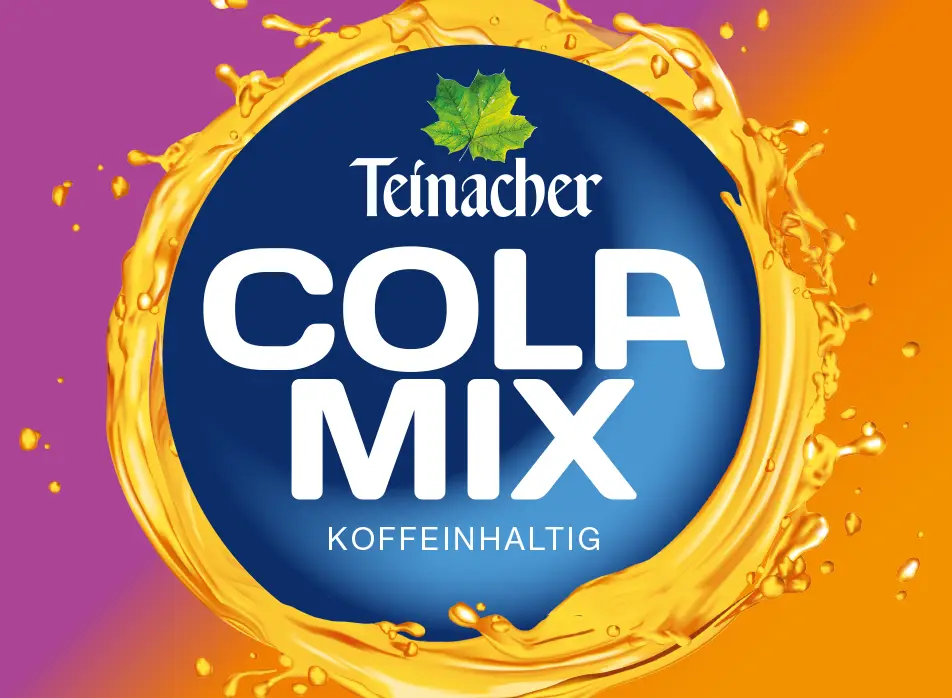 Teinacher Cola Mix koffeinhaltig mit orangem und lila Hintergrund