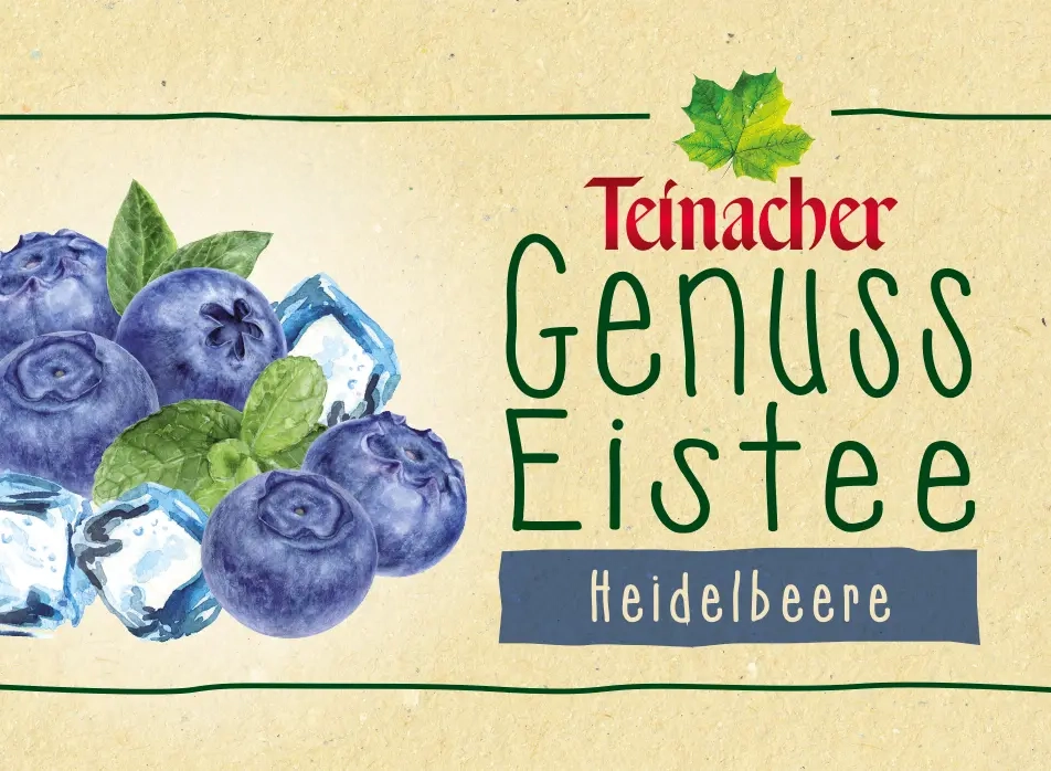 Teinacher Genuss-Eistee Heidelbeere mit illustrierten Heidelbeeren, Minze und Eiswürfeln auf hellem Etikett