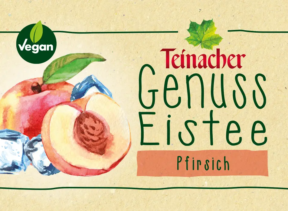Etikett Teinacher Genuss Eistee Pfirsich mit Pfirsichabbildung und Eiswürfeln auf beigem Hintergrund