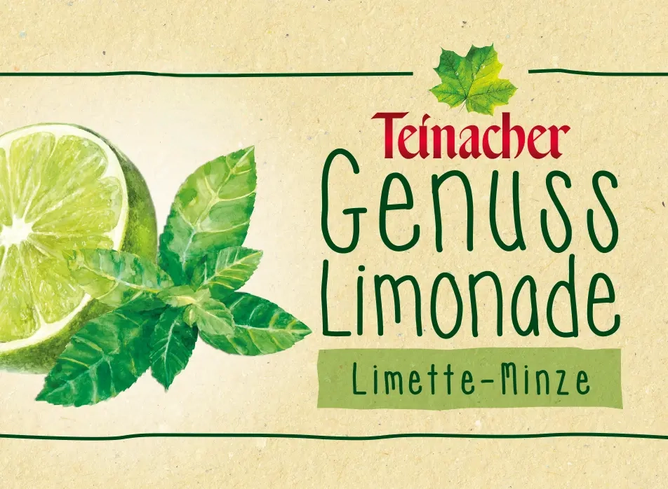Teinacher Genuss-Limonade Limette-Minze mit illustrierten Limetten und Minzblättern auf hellem Etikett