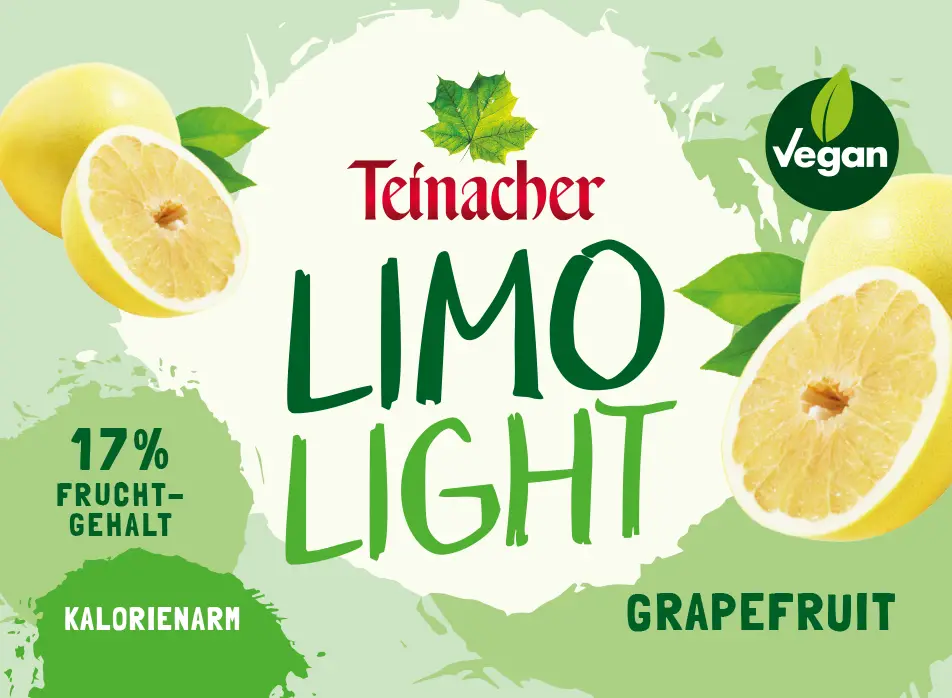 Etikett Teinacher Limo Light Grapefruit kalorienarm mit 17 Prozent Fruchtgehalt und Grapefruitmotiv