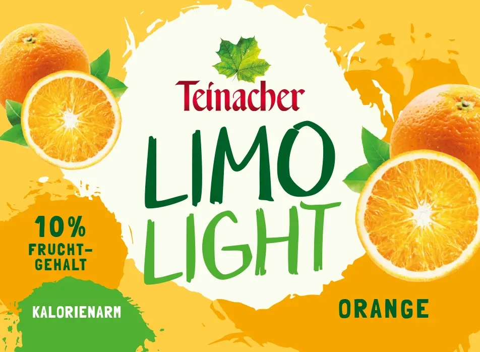 Etikett Teinacher Limo Light Orange kalorienarm mit 10 Prozent Fruchtgehalt und Orangenmotiv
