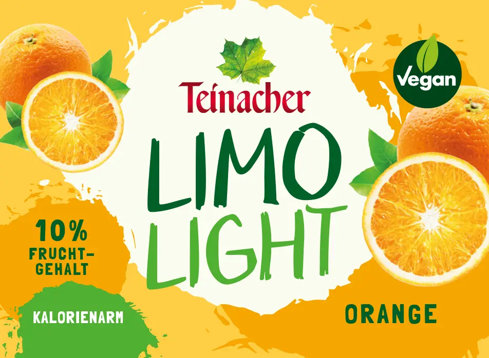 Etikett Teinacher Limo Light Orange kalorienarm mit 10 Prozent Fruchtgehalt und Orangenmotiv