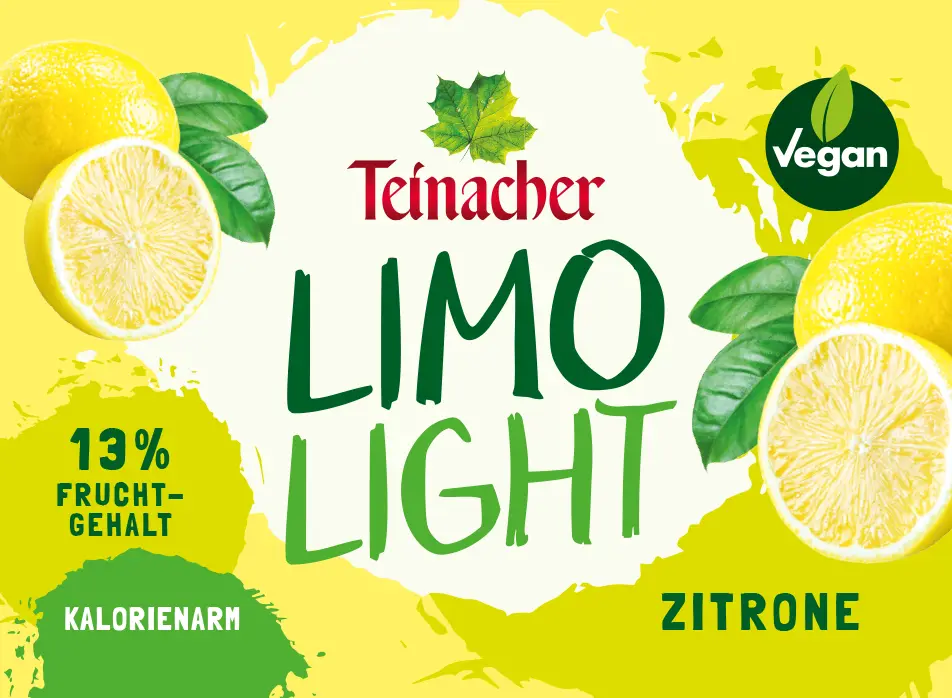 Etikett Teinacher Limo Light Zitrone kalorienarm mit 13 Prozent Fruchtgehalt und Zitronenmotiv