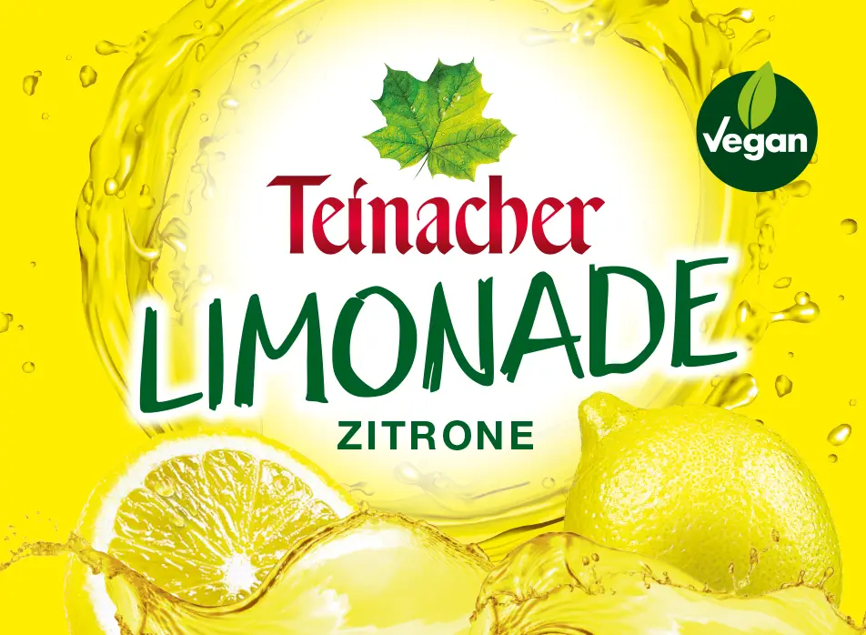 Etikett Teinacher Limonade Zitrone mit gelbem Hintergrund und Zitronenmotiv