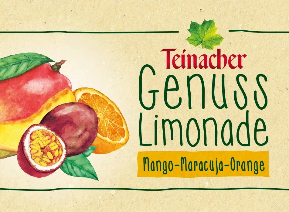 Teinacher Genuss-Limonade Mango-Maracuja-Orange mit illustrierten Früchten auf hellem Etikett