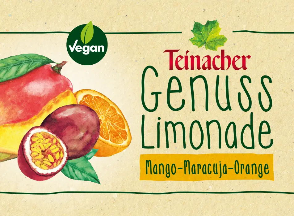 Teinacher Genuss-Limonade Mango-Maracuja-Orange mit Illustrationen von Mango, Maracuja und Orange
